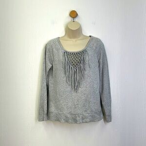 American Eagle - Grey Macrame Fringe Design Long Sleeve Sweatshirt Size Small